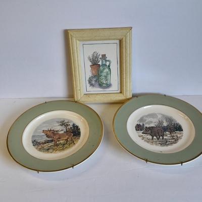 Two Classic Heritage Green collector's plates, Elk and Boar with framed wall art