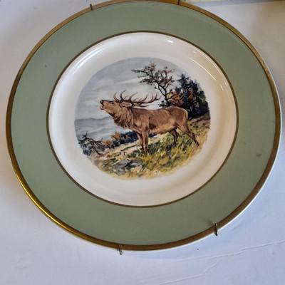 Two Classic Heritage Green collector's plates, Elk and Boar with framed wall art