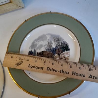Two Classic Heritage Green collector's plates, Elk and Boar with framed wall art