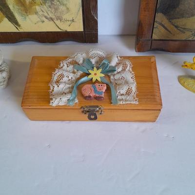 Two vintage Jesus wall hangings, metal Owl earring holder, and other decorative items
