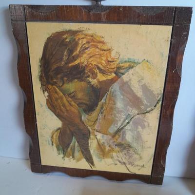 Two vintage Jesus wall hangings, metal Owl earring holder, and other decorative items