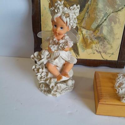 Two vintage Jesus wall hangings, metal Owl earring holder, and other decorative items