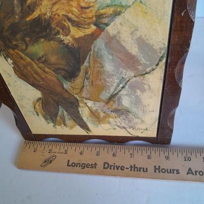 Two vintage Jesus wall hangings, metal Owl earring holder, and other decorative items