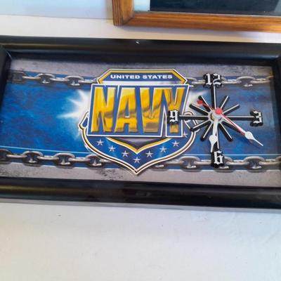 U.S.A. Navy clock and mug with sticker and black and white photograph of a ship