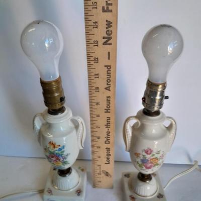 Two floral patterned porcelain lamps with shades