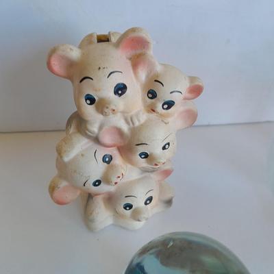 Clear glass piggy bank, Pig with hair and vintage pig totem Piggy bank