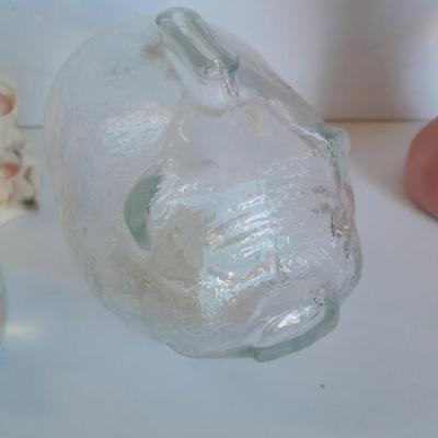 Clear glass piggy bank, Pig with hair and vintage pig totem Piggy bank