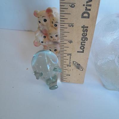 Clear glass piggy bank, Pig with hair and vintage pig totem Piggy bank