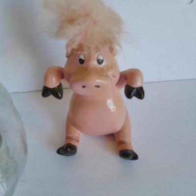 Clear glass piggy bank, Pig with hair and vintage pig totem Piggy bank