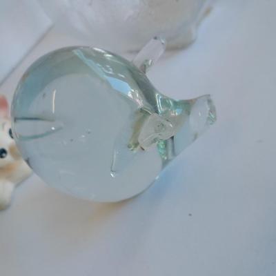 Clear glass piggy bank, Pig with hair and vintage pig totem Piggy bank