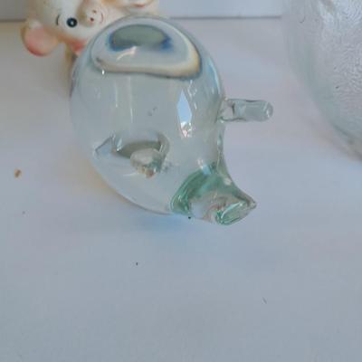 Clear glass piggy bank, Pig with hair and vintage pig totem Piggy bank