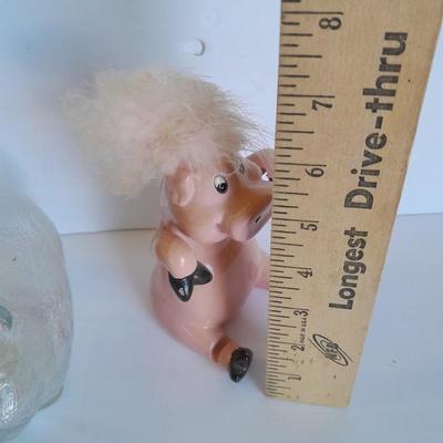 Clear glass piggy bank, Pig with hair and vintage pig totem Piggy bank