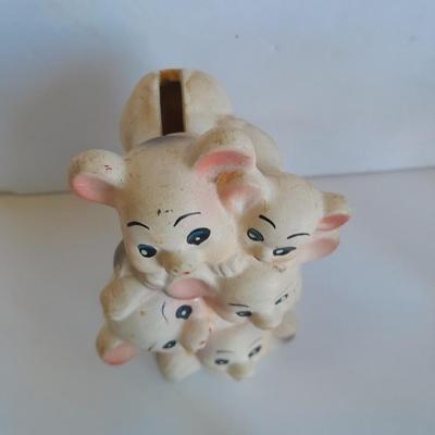 Clear glass piggy bank, Pig with hair and vintage pig totem Piggy bank