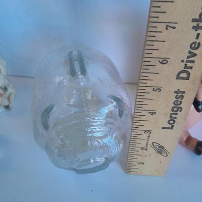 Clear glass piggy bank, Pig with hair and vintage pig totem Piggy bank