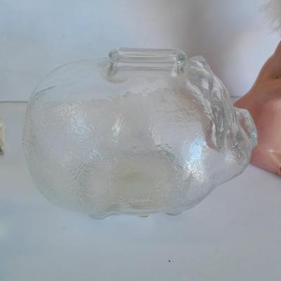 Clear glass piggy bank, Pig with hair and vintage pig totem Piggy bank