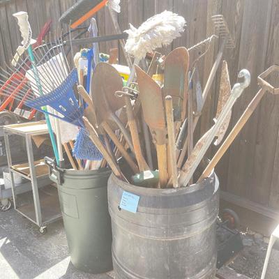 Garden tools and rain barrel