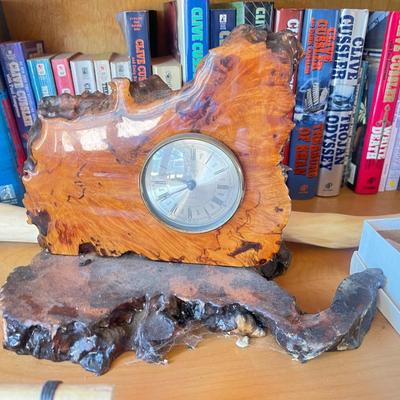 Burl  clock and shaving equipment