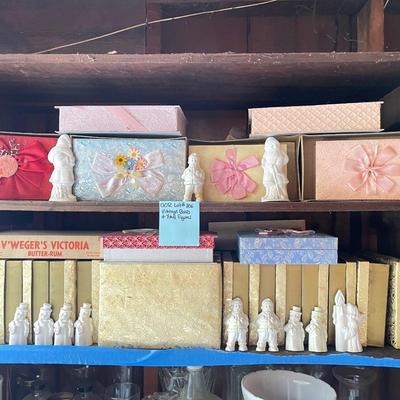 Vintage Christmas boxes, and Figurines