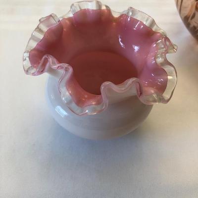 Pink Depression Glass, Fenton Ruffle Dish and Target Rose Bowl