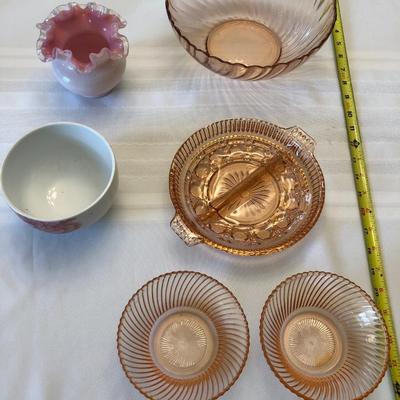 Pink Depression Glass, Fenton Ruffle Dish and Target Rose Bowl