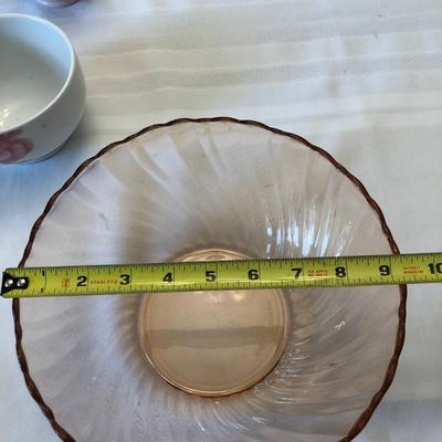 Pink Depression Glass, Fenton Ruffle Dish and Target Rose Bowl