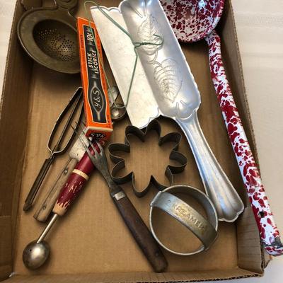 Vintage Kitchen Utensils, Enamel Ladle, Crumb Tray and more