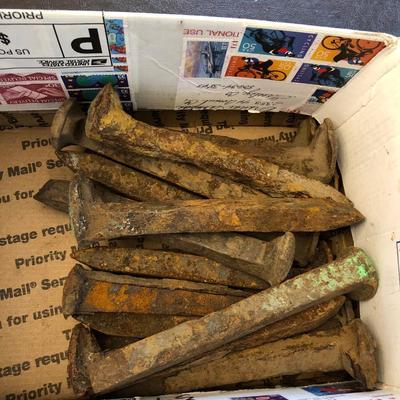 Vintage oil and gas can and 12+ rusty railroad spikes