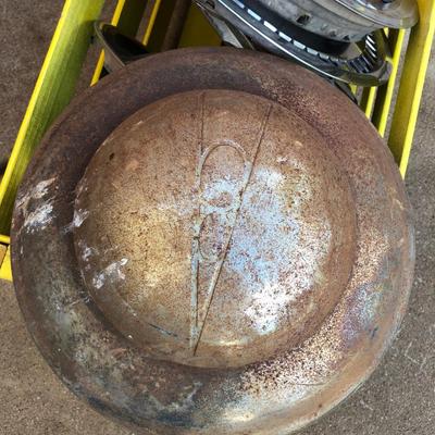 Wooden Cantaloupe Crate and 12 +/- Hubcaps for Your Man Cave