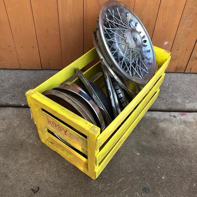 Wooden Cantaloupe Crate and 12 +/- Hubcaps for Your Man Cave