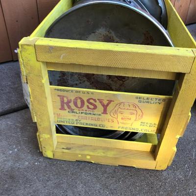 Wooden Cantaloupe Crate and 12 +/- Hubcaps for Your Man Cave