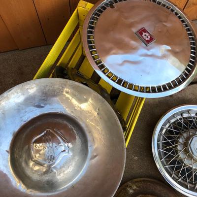 Wooden Cantaloupe Crate and 12 +/- Hubcaps for Your Man Cave