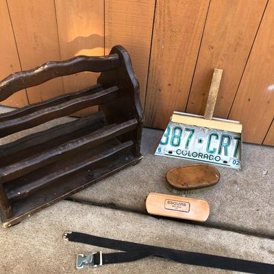 Odds and Ends: Wooden Magazine Rack, License Plate Dustpan, 2 Brushes, Luggage Strap