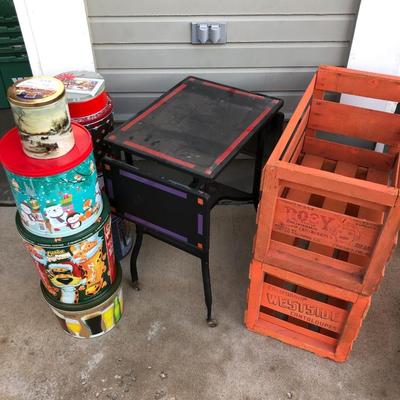 Hodgepodge: Holiday Popcorn Tins, Vintage Metal Typewriter Stand, 2 Wooden Cantaloupe Crates