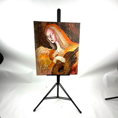 910 Vintage Original Oil on Board of Woman with Guitar