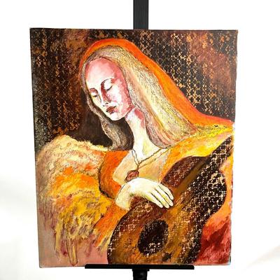 910 Vintage Original Oil on Board of Woman with Guitar