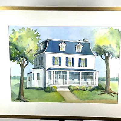 915 Original Blue and White Victorian House Watercolor by Virginia Perram