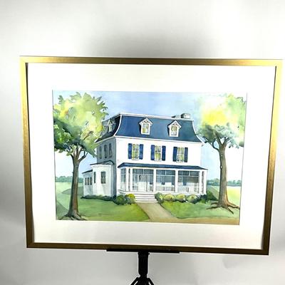 915 Original Blue and White Victorian House Watercolor by Virginia Perram