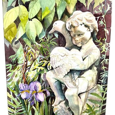 925 Original Garden Statue with Iris Watercolor by Virginia Perram