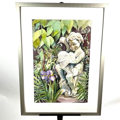 925 Original Garden Statue with Iris Watercolor by Virginia Perram