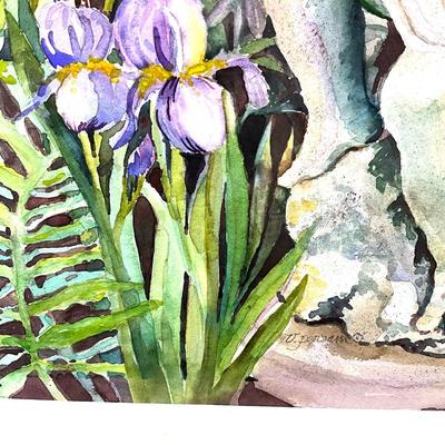925 Original Garden Statue with Iris Watercolor by Virginia Perram