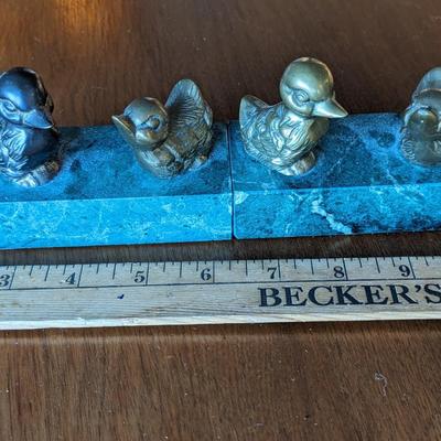 2 Vintage Brass Ducks On Marble Block. Paperweight