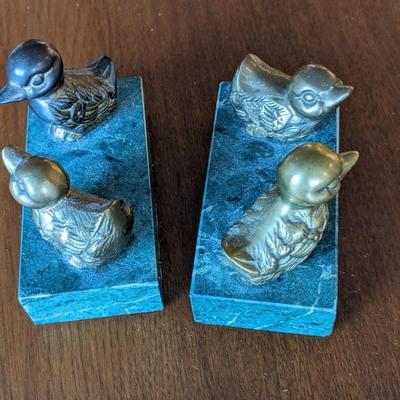 2 Vintage Brass Ducks On Marble Block. Paperweight