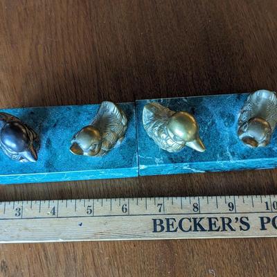 2 Vintage Brass Ducks On Marble Block. Paperweight