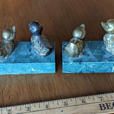 2 Vintage Brass Ducks On Marble Block. Paperweight