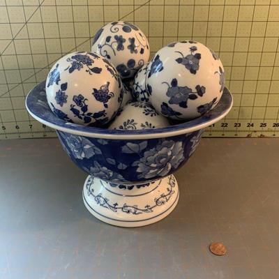 White with Blue Pedestal Bowl with Decorative Balls