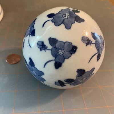 White with Blue Pedestal Bowl with Decorative Balls