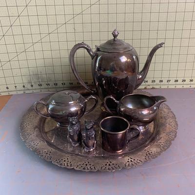 Vintage Silver Home Decorators Tea Set And Tray with Bear Salt & Pepper