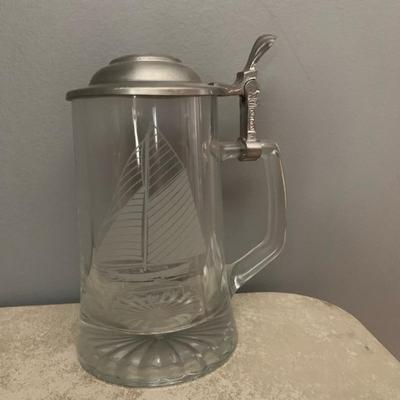 Vintage etched glass sail boat steins with pewter flip tops - Set of 3