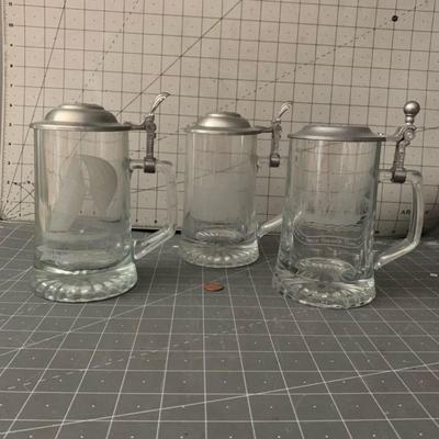 Vintage etched glass sail boat steins with pewter flip tops - Set of 3