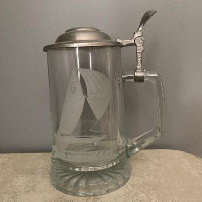 Vintage etched glass sail boat steins with pewter flip tops - Set of 3